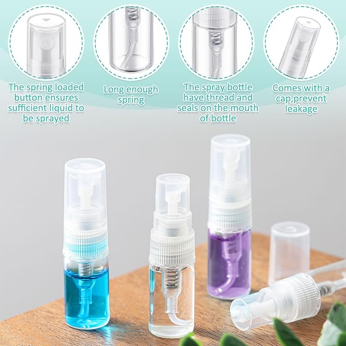 Zhehao 50 Pcs Mini Spray Bottles 2 ml Clear Glass Perfume Bottles Refillable Fine Mist Perfume Atomizer Portable Empty Sample Containers for Cleaning, Essential Oils, Travel (Clear Cap)