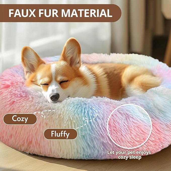 JOLLYVOGUE Small Dog & Cat Beds for Indoor Cats, Donut Cuddler Warming Soft Dog Beds with Anti-Slip Bottom, Round Calming Fluffy Plush Faux Fur Cushion Bed for Medium Dogs (27", Rainbow)