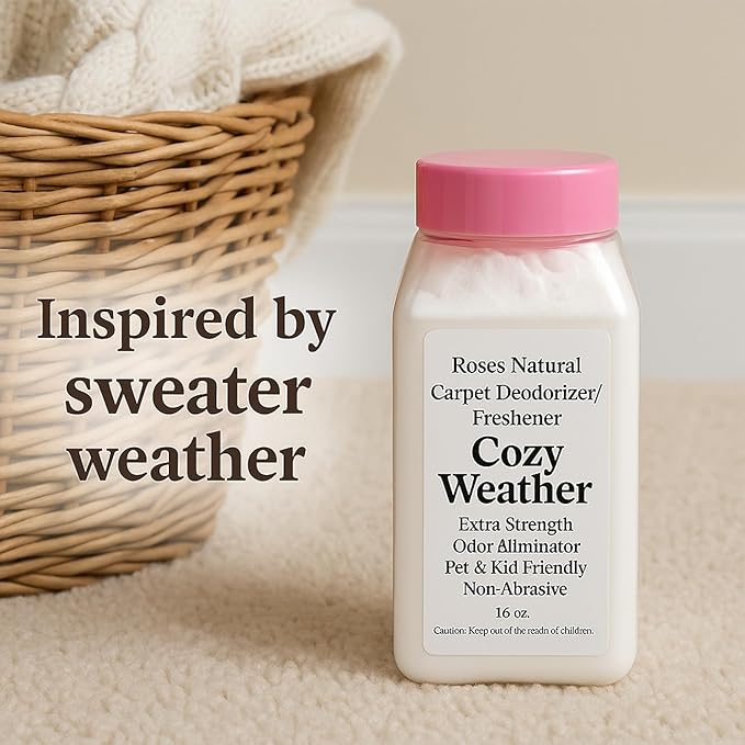 Cozy Weather Carpet Deodorizer Powder – 16 oz Inspired by Sweater Weather | Long-Lasting Fresh Scent, Natural Odor Eliminator | Pet & Kid Friendly, Non-Toxic, Made in the USA
