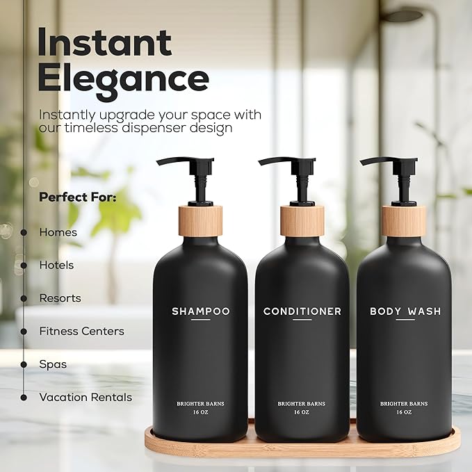 Black Shampoo and Conditioner Dispenser Set by Brighter Barns - Body Wash, Shampoo Dispenser for Shower with Pump - Refillable Plastic Shower Soap Dispenser for Bathroom Decor in Home, Airbnb (Black)