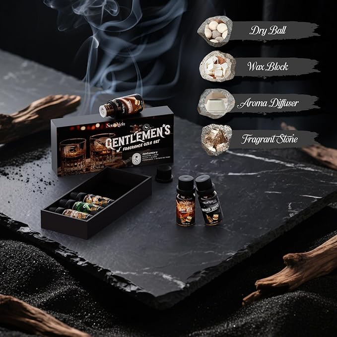 Gentleman Fragrance Oils Set, Essential Oil for Diffuser, Diffuser Oil, Use for Soap Candle Making, Sandalwood, Cedar, Rum, Leather, Smoky Oud, and Frankincense & Myrrh