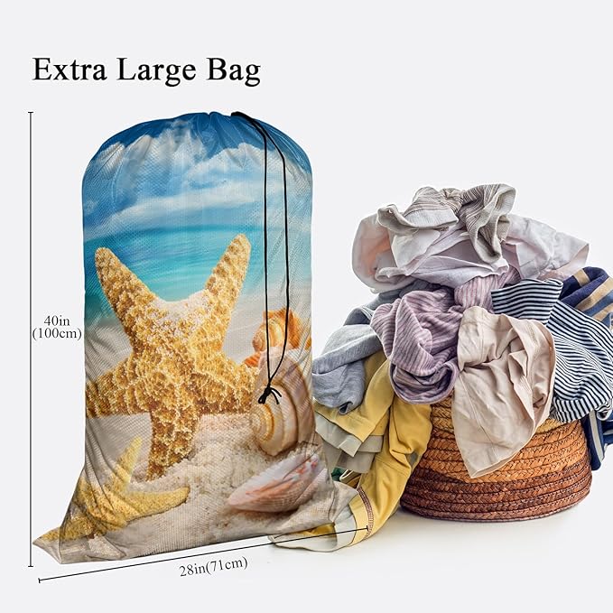 Swono Starfish Laundry Bags for Travel, College, Camping and Gym Seashells On The Beach Blue Sky Coast Shore 28" x 40", Polyester