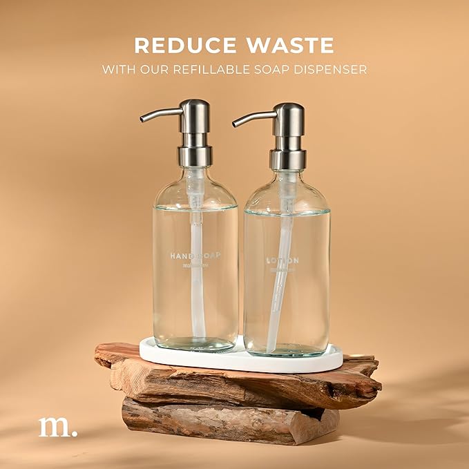 MaisoNovo Soap Dispenser 3-Piece Set | 16.9oz Clear Bottles with Silver Stainless Steel Pumps