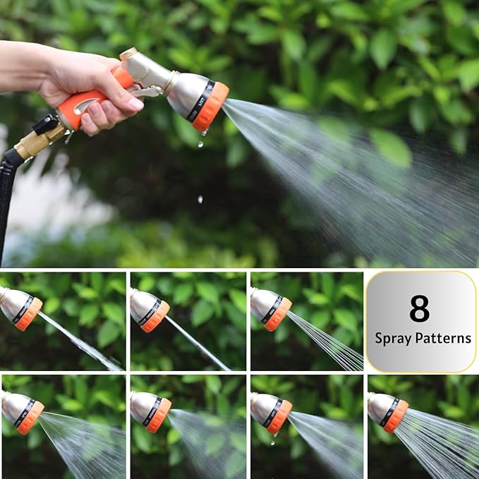 HOSUN Garden Hose Nozzle Sprayer Heavy Duty, 100% Metal Water Hose Nozzle with 8 Spray Patterns, High Pressure Hose Spray Nozzle with Non-Slip Grip for Watering Plant & Lawn, Washing Car & Pet, Orange