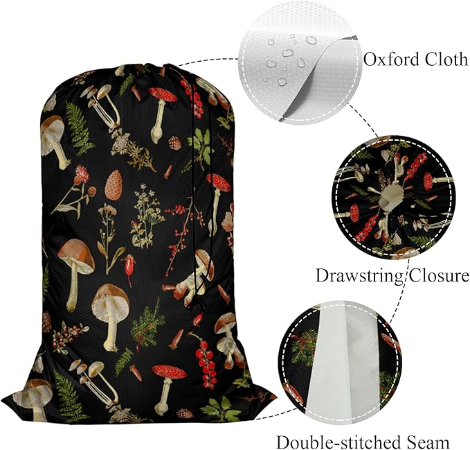 Swono Mushrooms Laundry Bag Drawstring Closure Fall Jungle Theme Floral Cherry Exotic Botanical Plant Heavy Duty Laundry Portable for College Dorm Room Essentials for Travel Camp