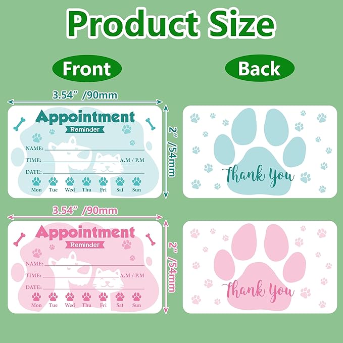 240Pcs Pet Grooming Appointment Reminder Cards Paw Prints Client Business Card for Vet Office Dog Spa Boarding Training Cats Care 3.54 x 2inch 2 Colors