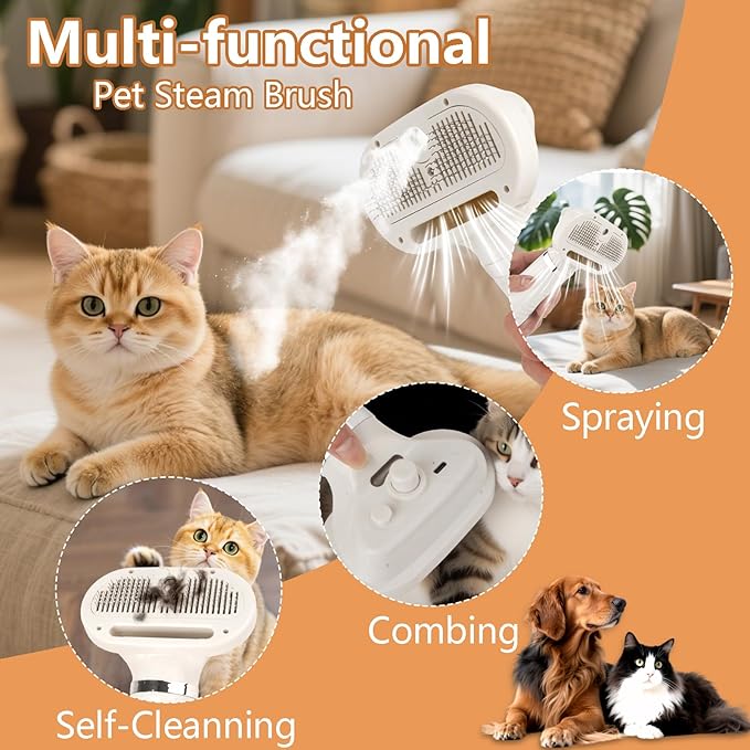 6 in 1 Dog Cat Steam Brush with Dryer - Pet Grooming Spray Brush for Shedding, Drying, Massaging, Deodorizing, Self-Cleaning - Includes Leave-In Pet Hair Care Solution - Easy to Use & Store Hide translation