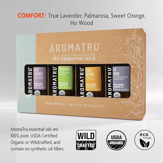 Comfort Essential Oil Kit – True Lavender, Palmarosa, Sweet Orange, and Ho Wood – Organic & Wildcrafted – ISO Certified – No Synthetic Fillers – Ethically Sourced