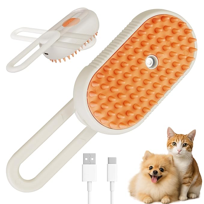Cat Dog Hair Steam Brush: 4 in 1 Pet Grooming Tool Rechargeable Groomer Silicone Comb for Massage, Cleaning, Shedding and Combing, Anti-Static, 360° Portable Handle for Long or Short Hair Pet (Orange)