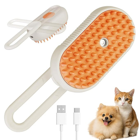 Cat Dog Hair Steam Brush: 4 in 1 Pet Grooming Tool Rechargeable Groomer Silicone Comb for Massage, Cleaning, Shedding and Combing, Anti-Static, 360° Portable Handle for Long or Short Hair Pet (Orange)