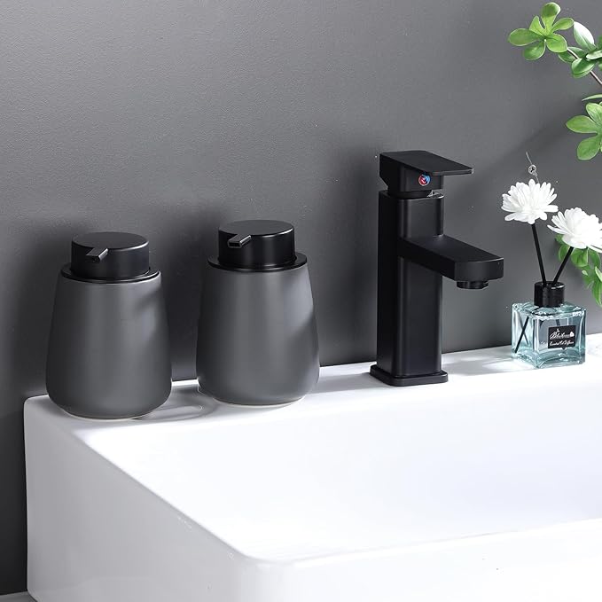 12Oz Grey Soap Dispenser Set - Ceramic Lotion Hand Soap Dispenser Set with Easy-to-Press Black Pump, Refillable Mordern Liquid Dish Soap Dispensers for Bathroom & Kitchen, 2 Pack