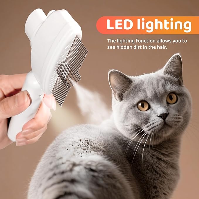 Cat Comb with Steam, Cat Steam Brush Pet Hair Removal Tool Flea Comb, Stainless Steel Metal Teeth for Shedding and Tangles, One Button Self-Cleaning Pet Comb for Dogs and Cats