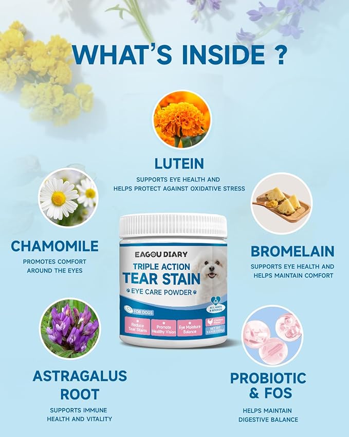Dog Tear Stain Supplement - Tear Stain Remover for Dogs, Prevent & Eliminate Tear Stains, Eye Health & White Fur Care, Lutein,Chamomile, Vitamin, Probiotic, 100g, Chicken Flavor, Daily Supplement