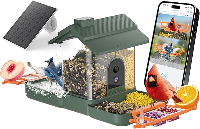 2-in-1 Bird Bath and Bird Feeder with Cameras Solar Powered 2K Dual Cameras Birds Feeder and Bath for Outside Yard Garden, Gift for Dad Mom Kids (Dark Green + Orange)