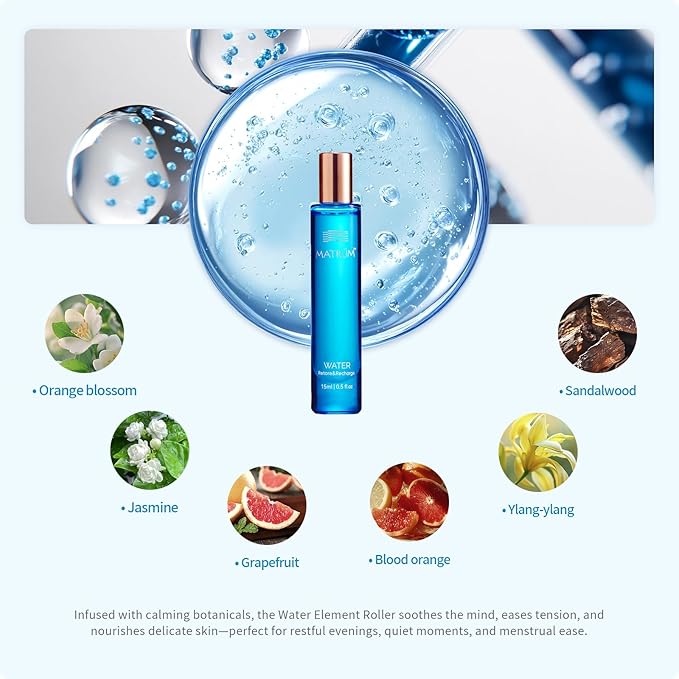 MATRUM Ease Menstrual Discomfort Blend Essential Oil Roll On, 100% Pure Arometherapy Roller for Soothe Pain and Restore Strength, Warm Calming & Relaxation, Fire and Water Duo, 1 Fl Oz