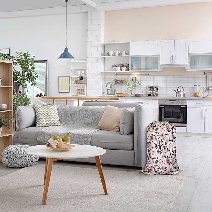 Swono Watercolor Sketch Poppy Large Laundry Bag Washable Large Dirty Clothes, Leaf Repeating Pattern Drawstring Organizer Bag, Fit Hamper Basket Camp Travel Home Dorm, Pink Black