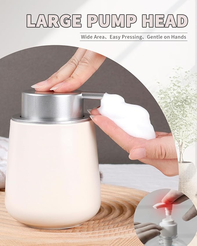 Bosilunlife Ceramic Foaming Soap Dispenser - Beige & Grey 12 oz Foam Hand Wash Dispenser Bathroom Countertop Kitchen Dish Soap Pump Dispenser Foam Soap Dispenser for Bathroom