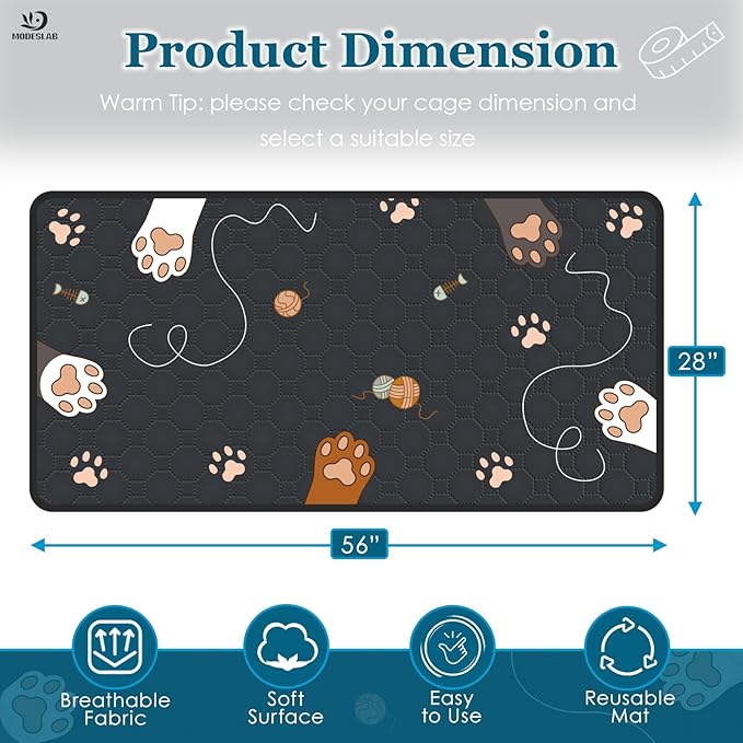 2-Pack Guinea Pig Cage Liner Washable, 28in x 56in Ultra-Absorbent Guinea Pig Bedding for Cage Non-Slip Leak-Proof Pee Pads for Dogs Rabbit Bunny Cat Litter Mat, Black