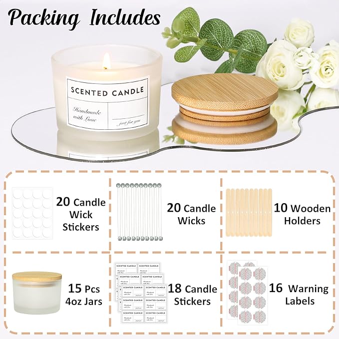 4oz Candle Jars for Making Candles, 15 Pack Small Frosted Glass Empty Candle Jars with Bamboo Lids and Wick Kit, Mini Wide Mouth Candle Container Bulk, Ideal for Candle Business Owners