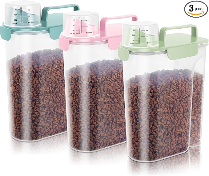 10-20Lbs Portable Cat Dog Food Storage Container with Upgraded Large Spout and Cup Dispenser for Small Large Animal Kibble, Pet Bird Snack, Oatmeal, Rice, Flour, Brown Sugart-3 Pack Pink Blue Green