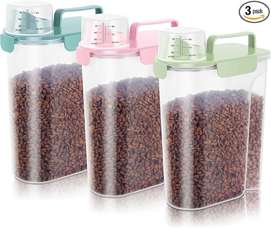 10-20Lbs Portable Cat Dog Food Storage Container with Upgraded Large Spout and Cup Dispenser for Small Large Animal Kibble, Pet Bird Snack, Oatmeal, Rice, Flour, Brown Sugart-3 Pack Pink Blue Green