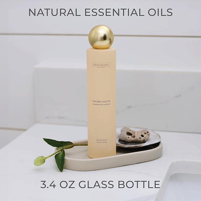 Benevolence LA Malibu Nights Room Spray | Champagne & Peony | 3.4oz | Versatile Home Fragrance, Pillow & Linen Spray | Low VOC, No Alcohol | Malibu Sands Collection
