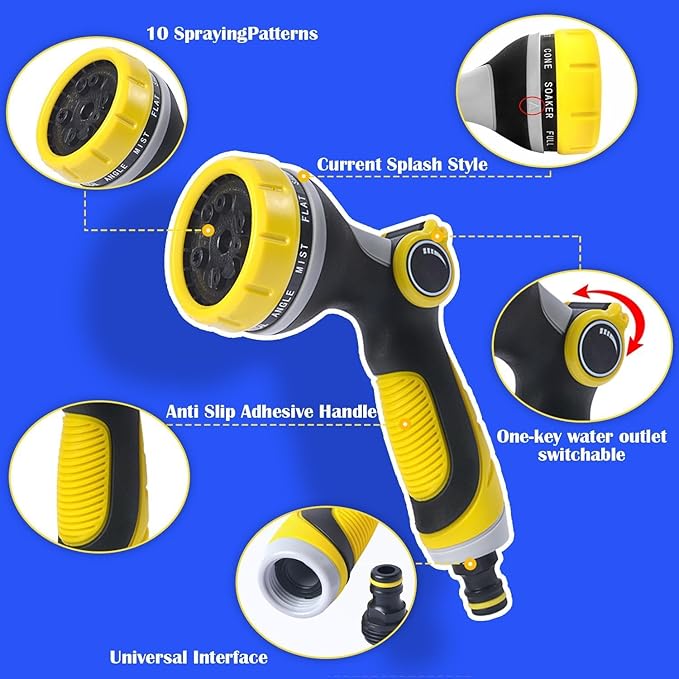 Hose Nozzle, Garden Hose Nozzle with 10 Spray Patterns, Thumb Control On Off Valve, High Pressure Nozzle Sprayer for Plants, Car Wash, Cleaning, Pet Showering (Yellow)