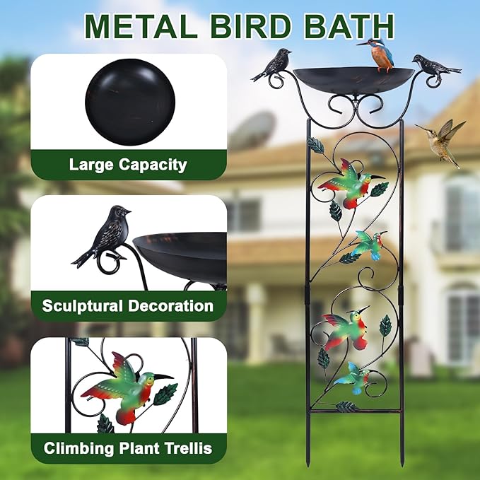 hogardeck 2 Pack 35” Metal Bird Bath with Garden Trellis for Climbing Plants Outdoor, Vintage Detachable Decorative Birdbath Bowl, Metal Plant Support for Climbing Flowers