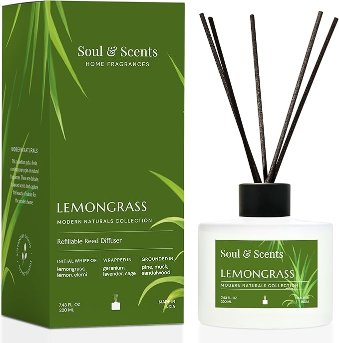 Soul & Scents Reed Diffuser Set – Lemongrass | 7.43 oz Refillable Scented Oil with 6 Fiber Sticks | Long-Lasting Home Fragrance & Air Freshener for Bedroom, Bathroom, Office | Gift & Décor Piece