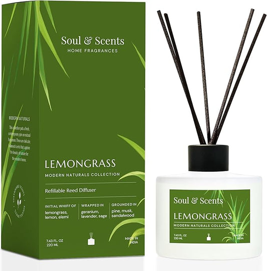 Soul & Scents Reed Diffuser Set – Lemongrass | 7.43 oz Refillable Scented Oil with 6 Fiber Sticks | Long-Lasting Home Fragrance & Air Freshener for Bedroom, Bathroom, Office | Gift & Décor Piece