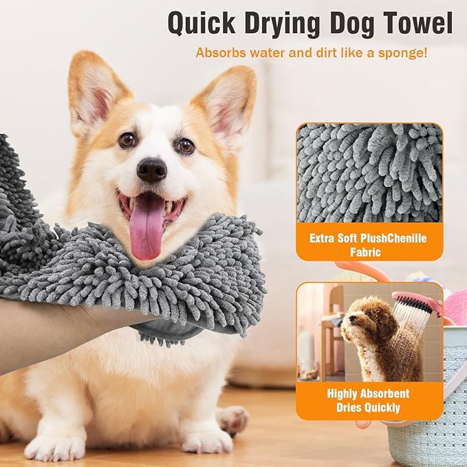 Microfiber Dog Towels for Drying Dogs, Super Absorbent, Soft and Quick Drying Pet Grooming Towel, 31Inch X 13Inch, Perfect Pets' Shower & Bath Supplies for Dog and Cat, Machine Washable, Grey