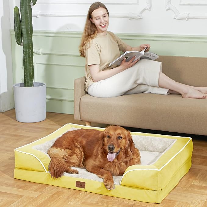 Comfort Expression Orthopedic Dog Bed for Large Dogs 38x25 Inch, Waterproof Egg Crate Foam Large Pet Bed with Removable Bolsters, Dog Couch with Washable Cover & Non-Slip Bottom, Spicy Mustard