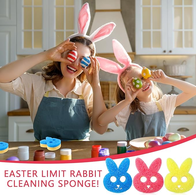 3 Pcs Dual Sided Scrub Sponge Multi Functional Cute Temperature Sensitive Non Scratch Dish Sponge for Washing Dishes Kitchen Bathroom(Rabbit)