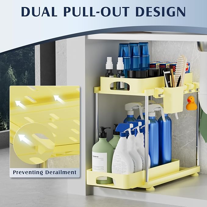 2 Pack Under Sink Organizers and Storage, Height Adjustable Bathroom Cabinet Organizer, 2 Tier Under Sink Organizer with Hooks, Under Cabinet Organizer for Kitchen Bathroom (Yellow