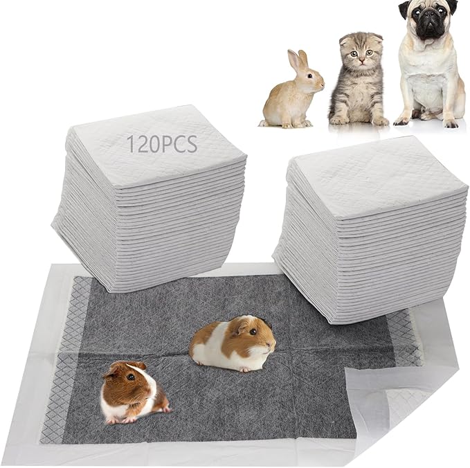Guinea Pig Pee Pads, Disposable Rabbit Cage Liners, Charcoal Odor Controlling Absorbent Waterproof Pee Pads for Hamster, Bunny, Ferret, Chinchilla and Other Small Animals (18" x 13", 120 PCS)