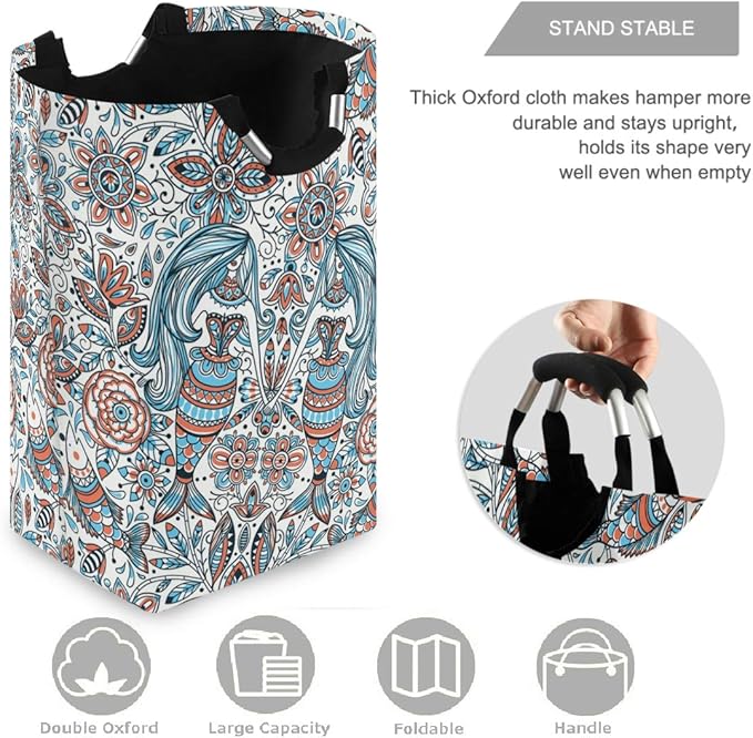 visesunny Collapsible Laundry Basket Vintage Mermaid Floral Large Laundry Hamper Oxford Fabric Dirty Clothes Toy Organizer with Handle For Bathroom Kids Room Dorm