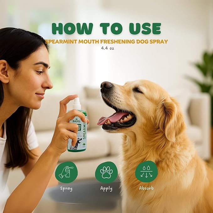 BASIL Dog Oral Care Spray – 4.4 oz | Spearmint Flavor Mouth Freshener for Dogs | for Cleaning Teeth, Gums & Fresh Breath | Easy-to-Use Dental Spray for Everyday Use