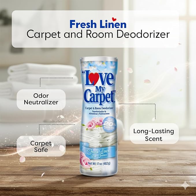 6 Love My Carpet | Carpet Deodorizer & Freshener Powder | 17 oz Pet Odor Eliminator for Strong Odor & Pet Urine | FRESH LINEN | Safe for Homes with Pets