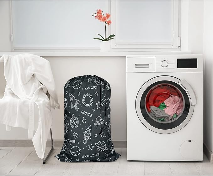 Swono Space Elements Laundry Bag with Strap Large Dirty Clothes Organizer Sketch Stars Rocket Planets Sun Universe Cosmos Explore Easy Fit Laundry Hamper Basket, Carry Up to 4 Loads of Laundry, Galaxy