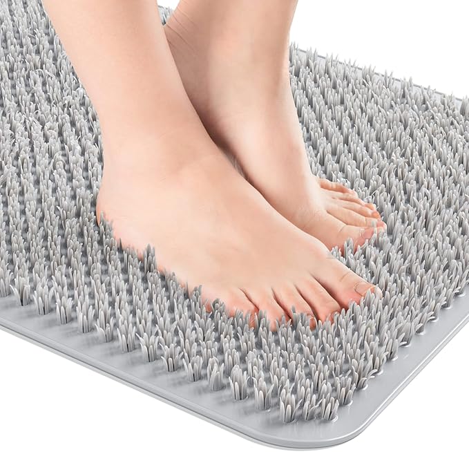OTHWAY Non Slip Grassy Bathtub Mat : 25.6X13.4 inches Sturdy But Soft Bath Mat_Quick Drain Shower Floor Mat with Soft Bristles for Scrubbing Feet (Light Grey)