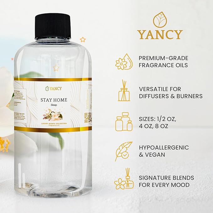 YANCY Stay Home Luxury Collection Fragrance Oil (8 oz), Cozy Vanilla and Amber Scent, Perfect for Diffusers, Oil Burners & Aroma Lamps, Comforting Home Scent for Relaxation & Unwinding