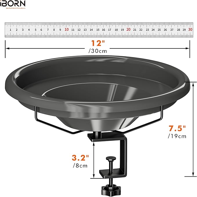 iBorn Bird Bath,Deck Mounted Bird Baths 12inch,Birdbath for Outside with Clamp 3.2inch,BPA-Free Bowl,Chew-Proof,Fully Detachable Design,Easy Clean & Refill,Gray,1 Pack（Not Include Fountain）