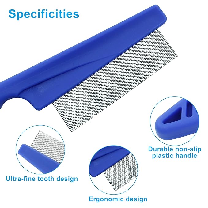 Flea Comb for Dogs and Cats, Metal Pet Lice Comb Fine Tooth Grooming Tool for Remove Anti Fleas and Flea Eggs(3pcs Blue)