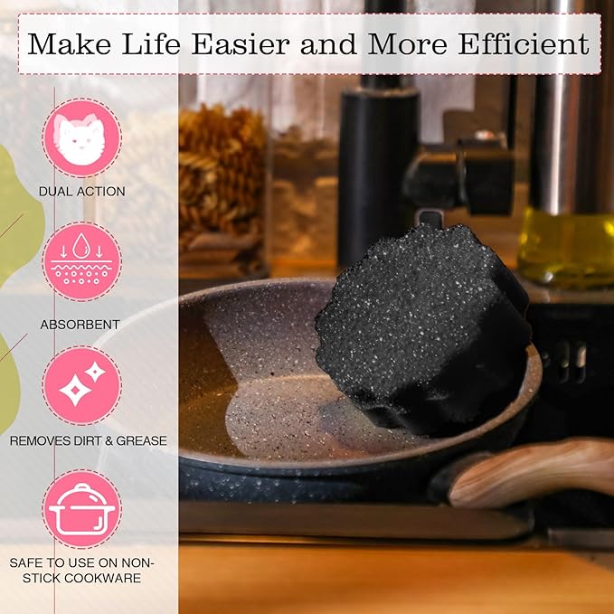3 Pcs Dual Sided Scrub Sponge Multi Functional Cute Temperature Sensitive Non Scratch Dish Sponge for Washing Dishes Kitchen Bathroom (Flower,Black)