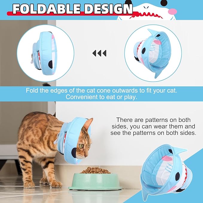 KOOLTAIL Cat Cone Collar, Adjustable Soft Comfortable Cat Recovery Collar to Stop Licking, Foldable Donut Water Resistant Pet Cone for Small Large Cats Kittens After Surgery Shark M