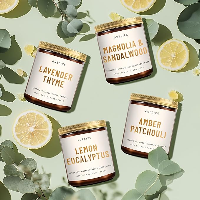 4 Pack Scented Candles Set | Scented Candles for Home, Candle Gifts for Women Men, Soy Candle for Home, Aromatherapy Gift of Amber Patchouli/Lemon Eucalyptus/Lavender/Sandalwood