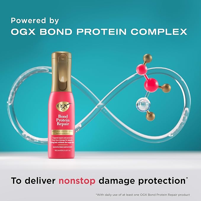 OGX Repair & Protect Bond Protein Repair 450°F Heat Protect Spray, Weightless Repair Mist for Nonstop Damage Protection* for All Hair Types, Heat Spray Preps Hair for Styling, 6.5 fl. oz