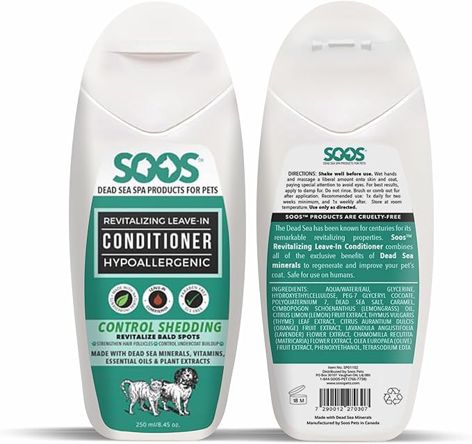 Soos Pets Pet Conditioner Natural Dead Sea Hypoaller-genic Revitalizing Leave-In Deeply Absorbing with Vitamins Essential Oils Natural Elements for Dogs and Cats - 1x Pet Conditioner (250ml / 8.45 oz)