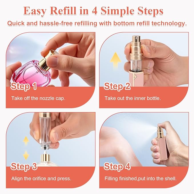 Refillable Travel Perfume Bottle – Fine Mist Atomizer, Bottom Fill, Genuine Leather Shell, TSA Approved, For Daily Refresh & Travel (Pink, 5ml)