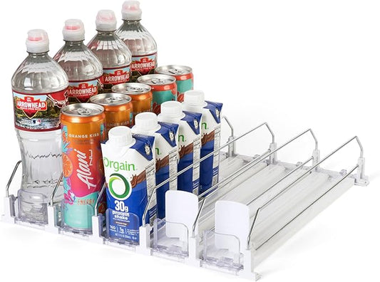 5-Piece Drink Organizer for Fridge – Spring-Loaded Rolling Can & Bottle Holder – Kitchen Storage for Soda, Water, Baby Bottles – Sliding Beverage Dispenser (Black) (White)